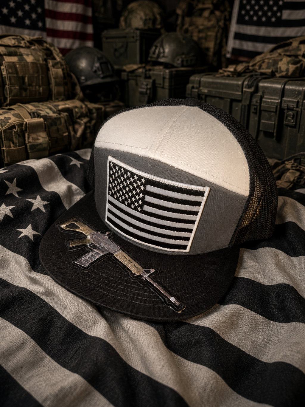 The Patriot Trucker — Grey, White & Black 7-Panel Snapback