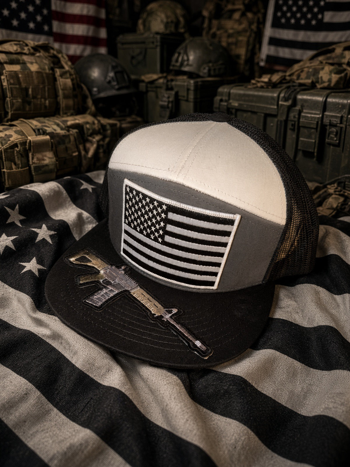 The Patriot Trucker — Grey, White & Black 7-Panel Snapback