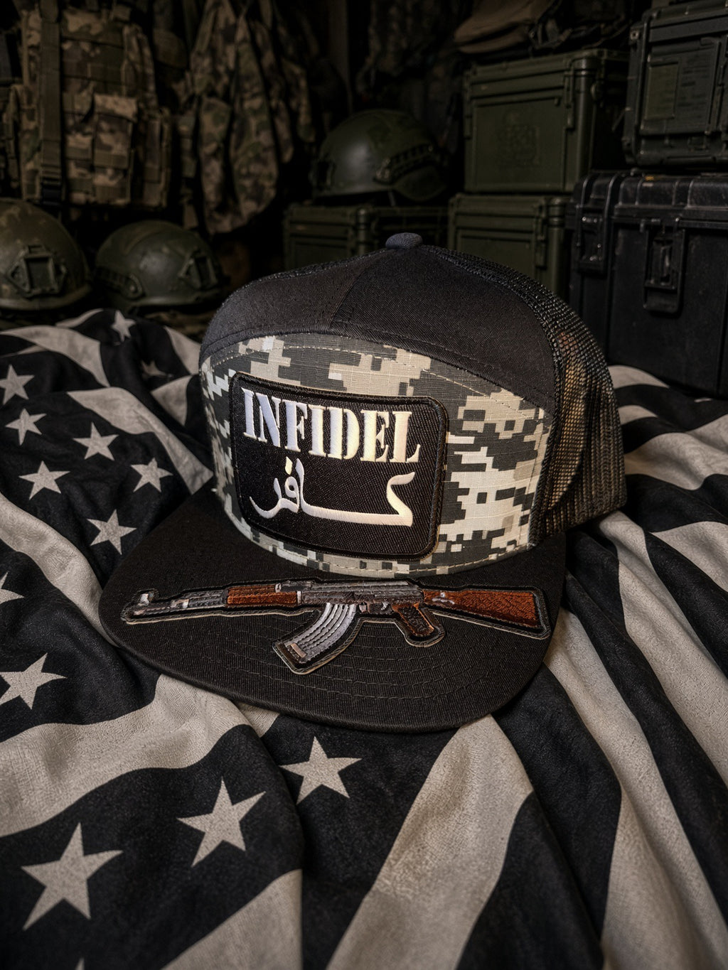 The Digital Infidel — 7 panel, Flat Bill Trucker Hat