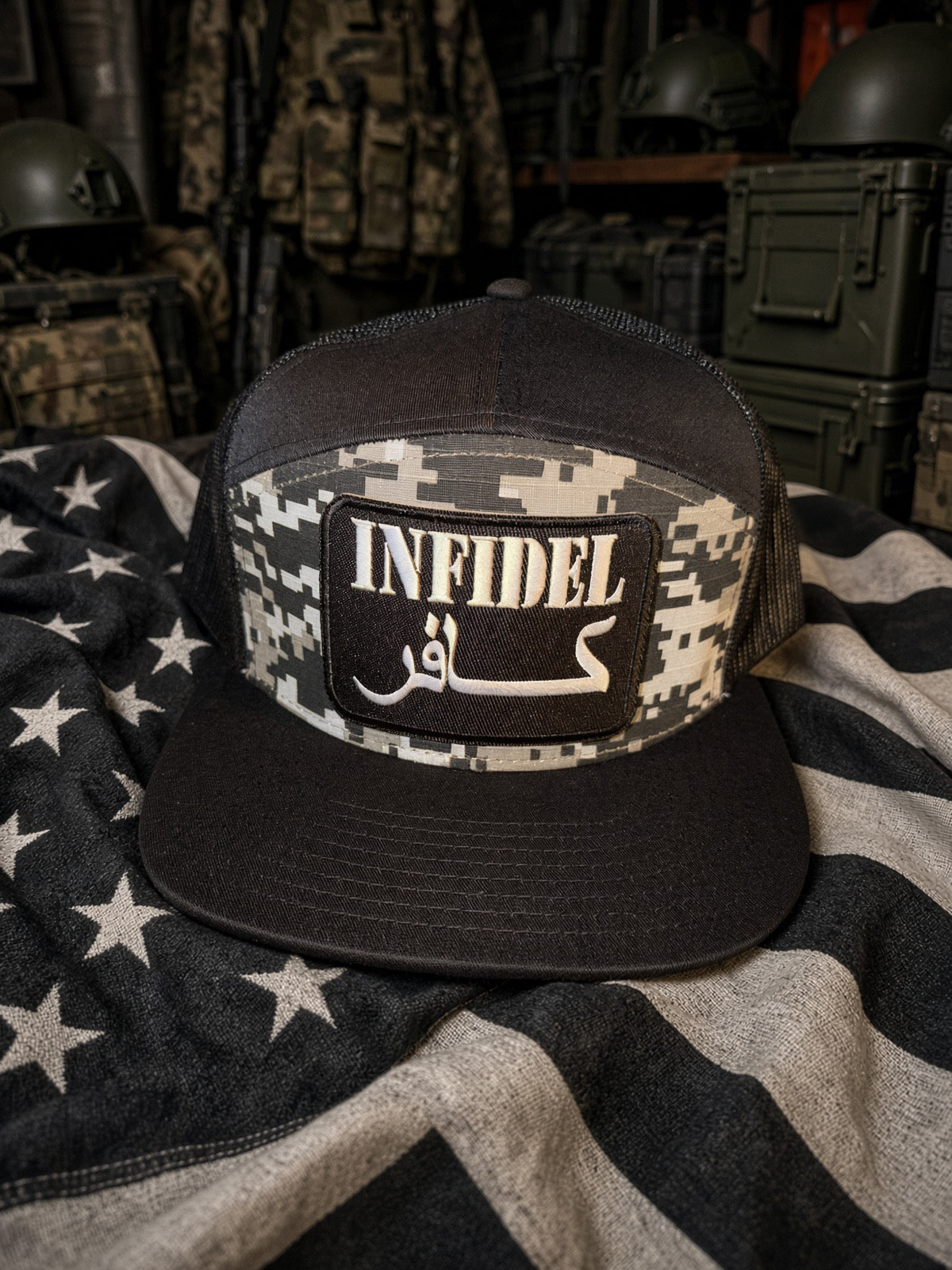 The Digital Infidel — 7 panel, Flat Bill Trucker Hat