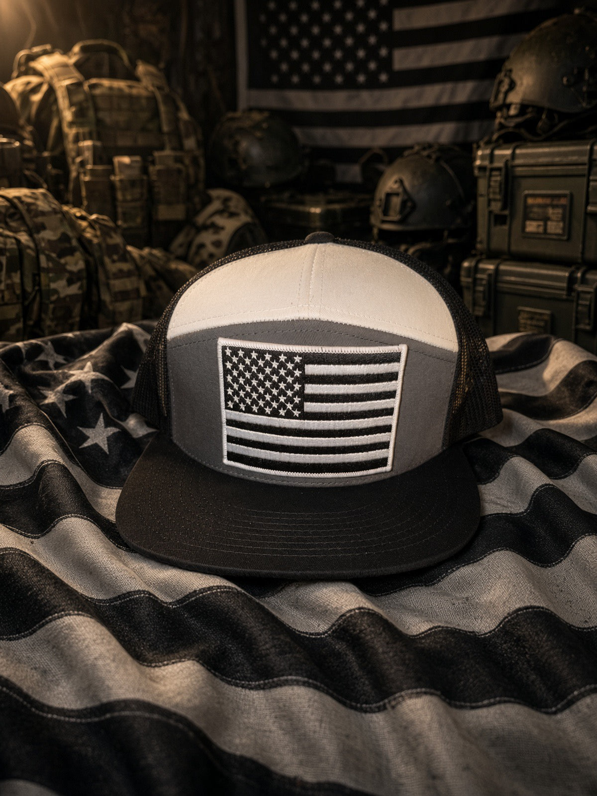 The Patriot Trucker — Grey, White & Black 7-Panel Snapback
