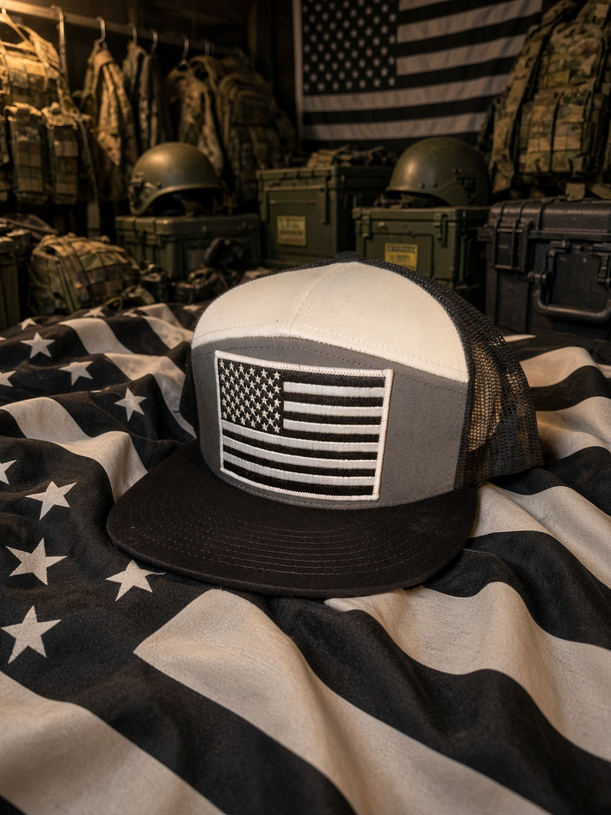 The Patriot Trucker — Grey, White & Black 7-Panel Snapback