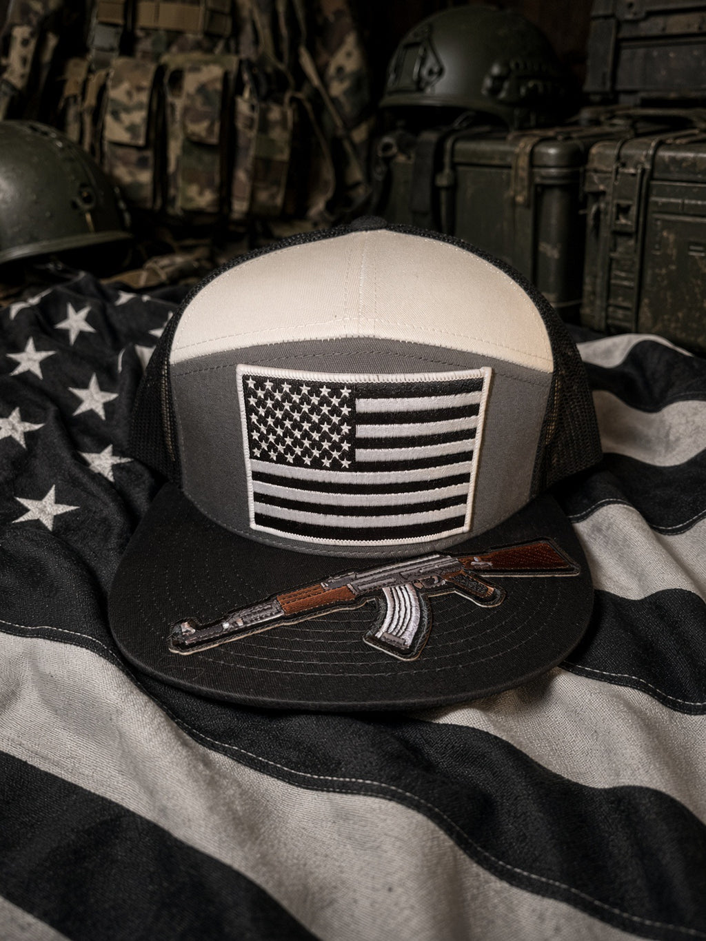 The Patriot Trucker — Grey, White & Black 7-Panel Snapback