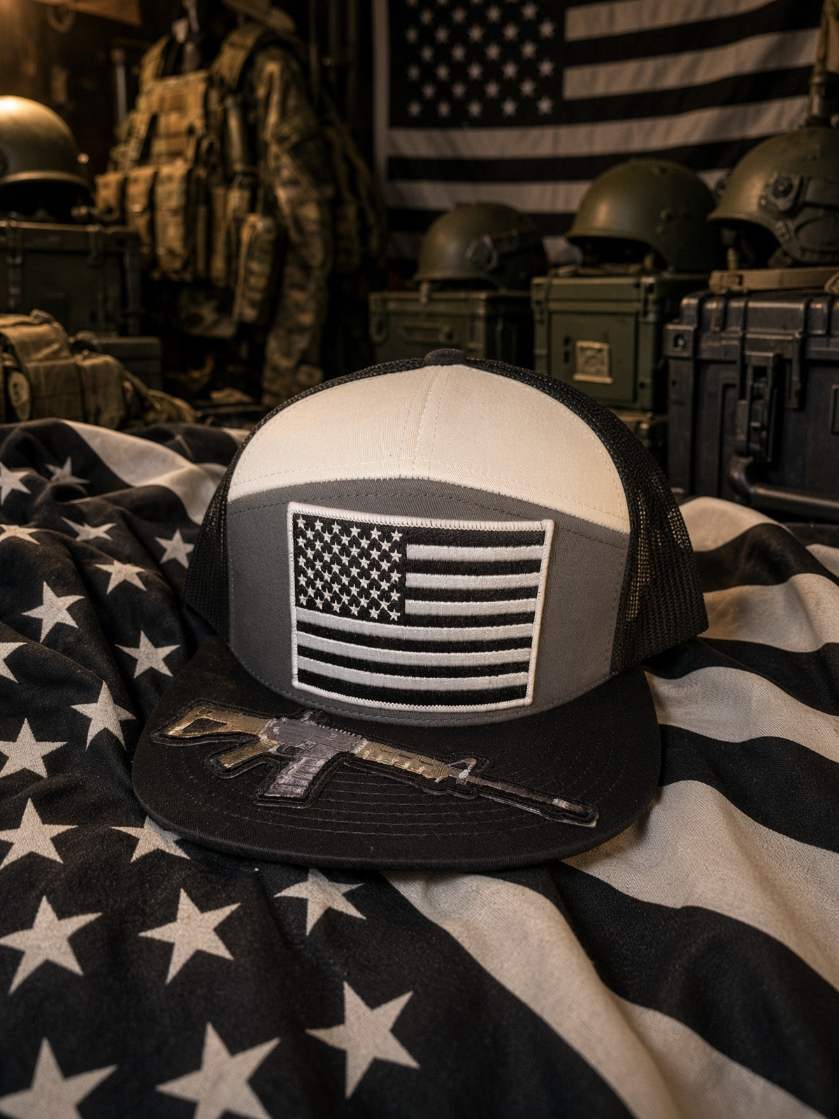The Patriot Trucker — Grey, White & Black 7-Panel Snapback