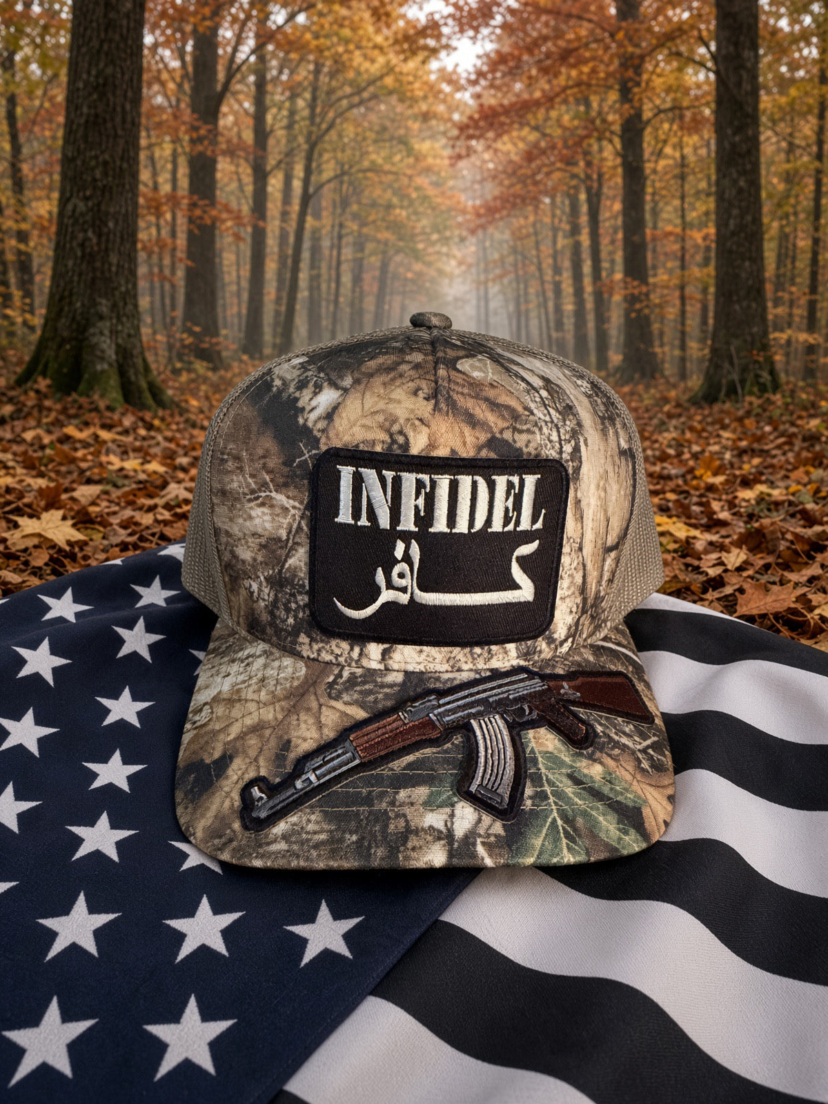 The Backwoods Infidel — Realtree Camo mesh back Trucker Hat