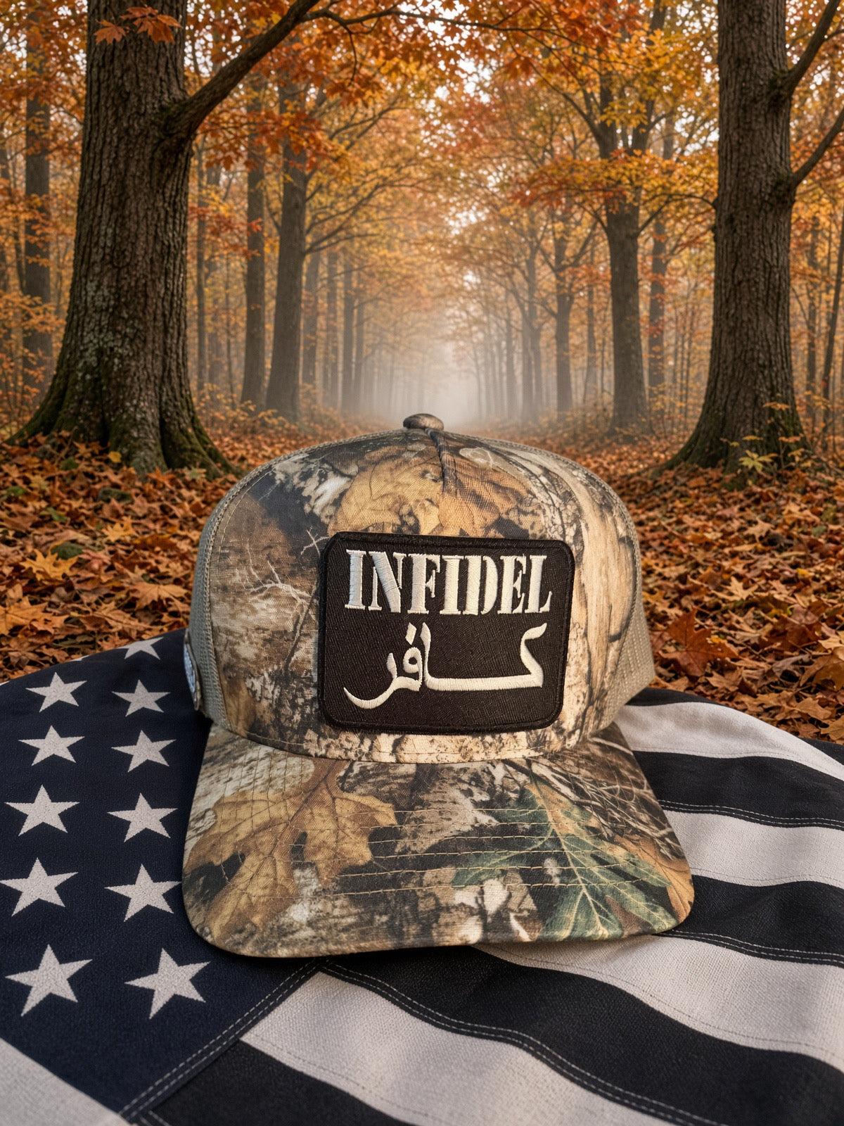 The Backwoods Infidel — Realtree Camo mesh back Trucker Hat