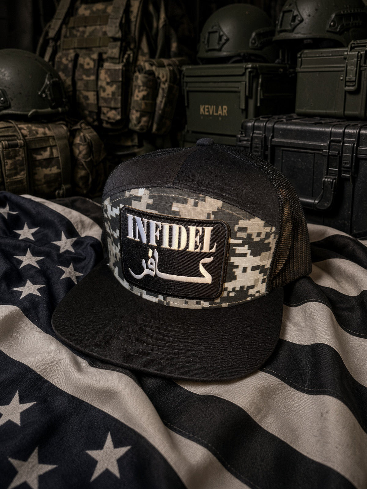 The Digital Infidel — 7 panel, Flat Bill Trucker Hat