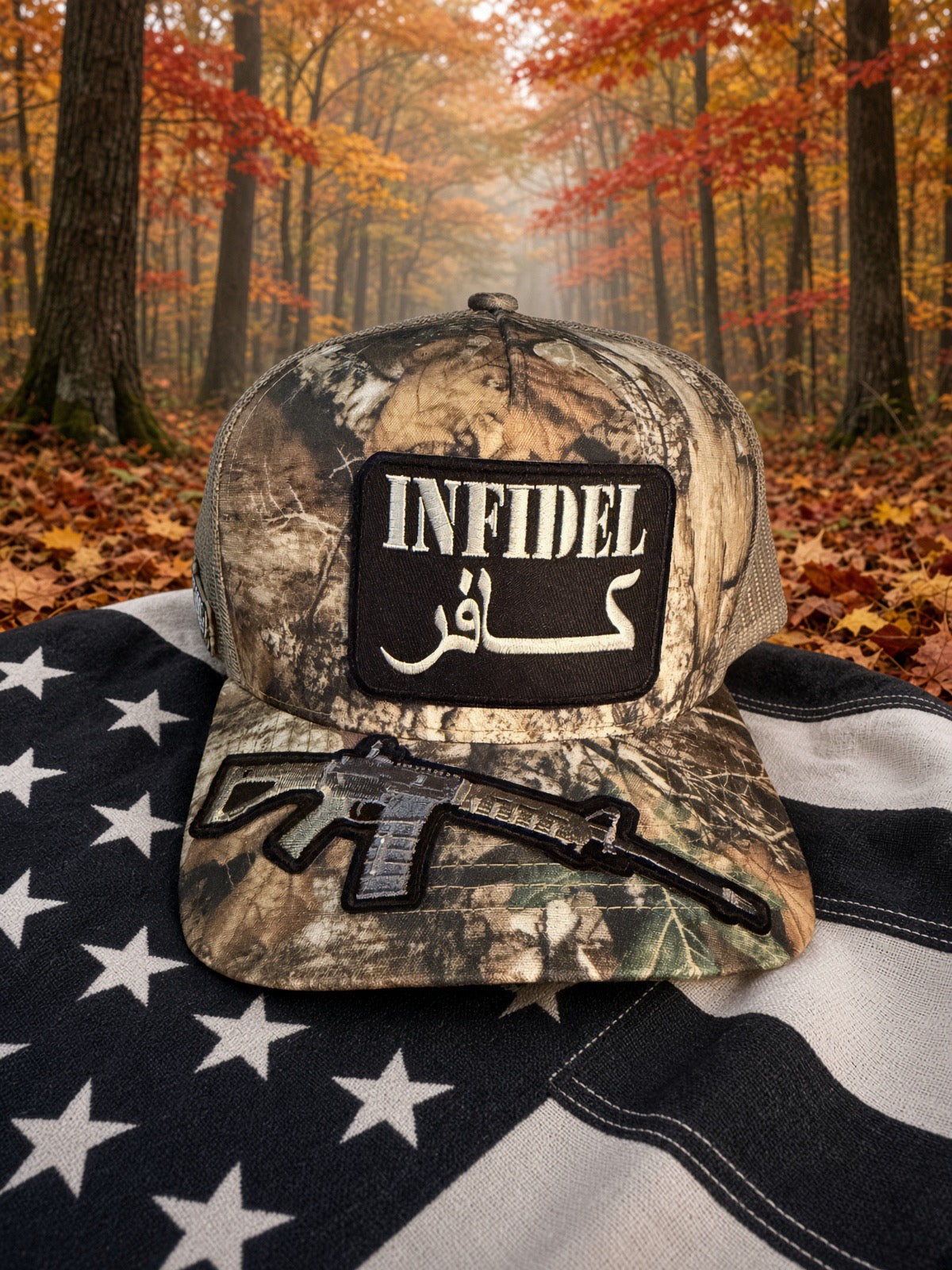 The Backwoods Infidel — Realtree Camo mesh back Trucker Hat
