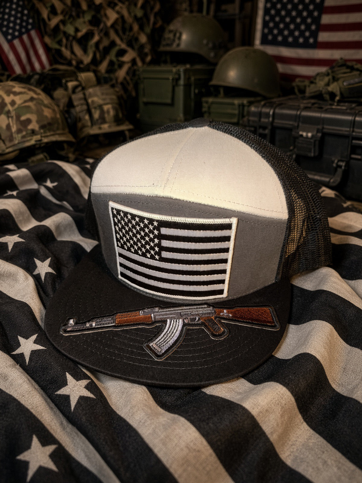 The Patriot Trucker — Grey, White & Black 7-Panel Snapback