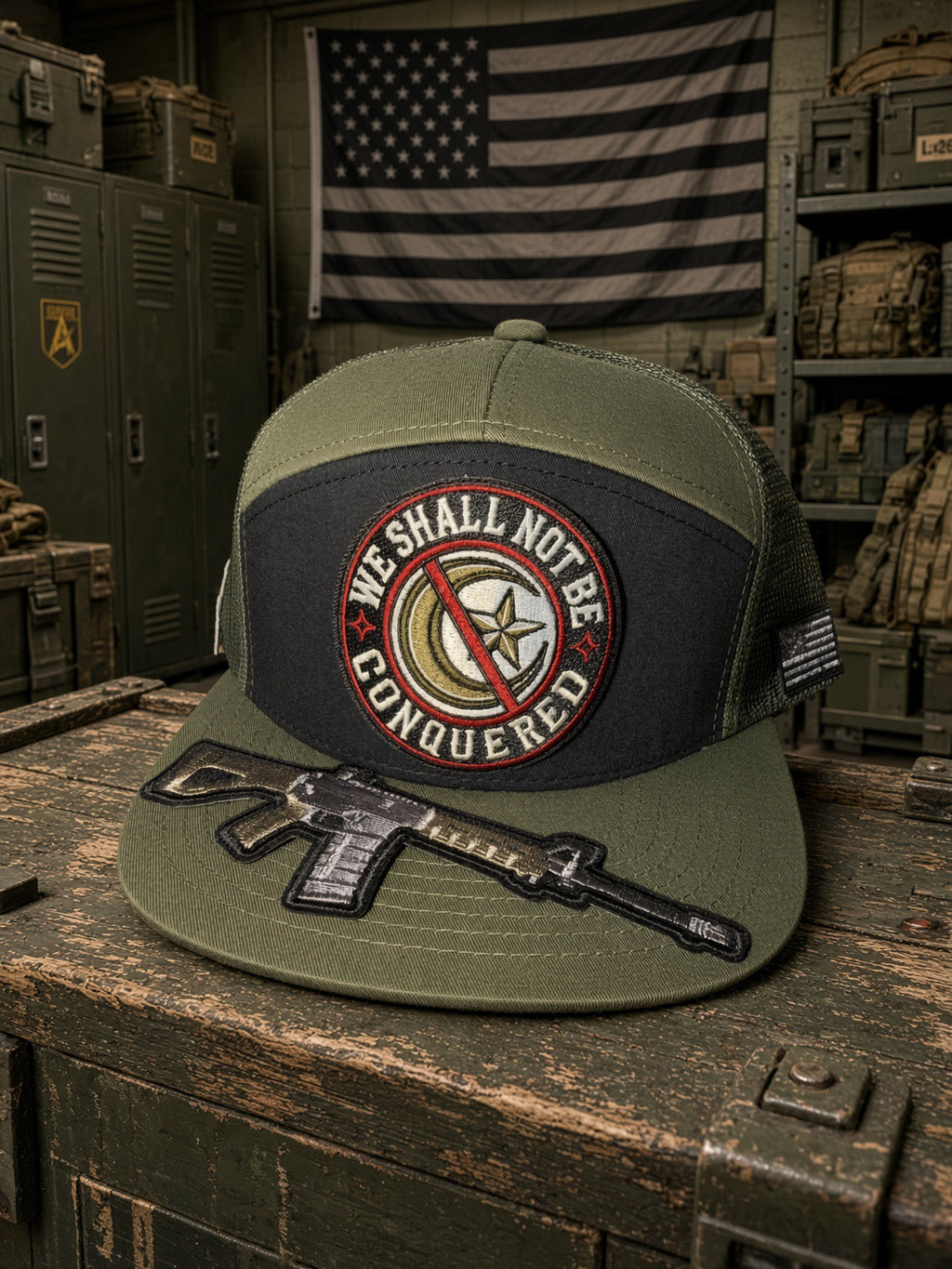 THE IRON WILL - black front/OD Green mesh back and brim -7Panel