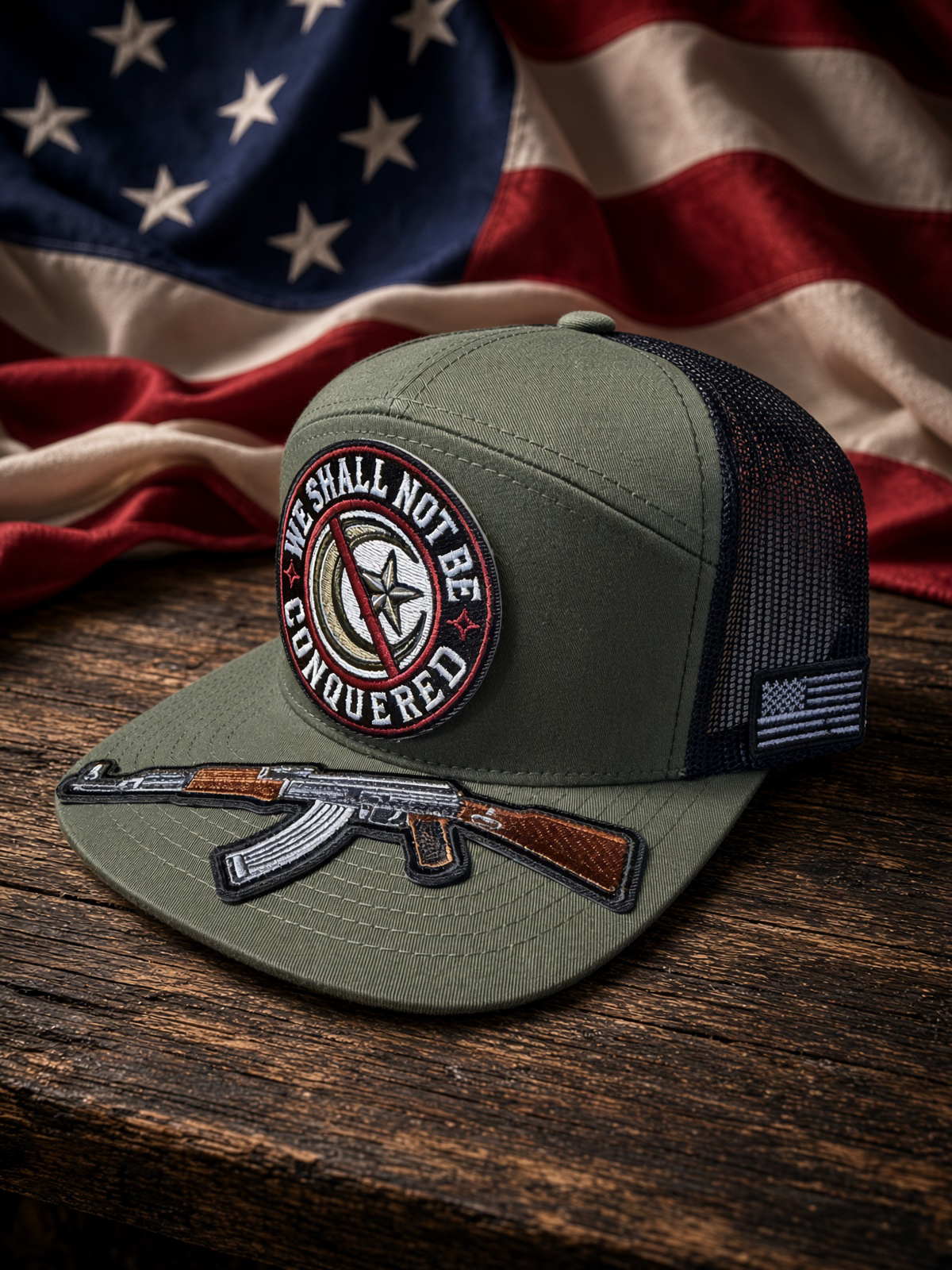 THE UNCONQUERED-OD green/black mesh back 7panel