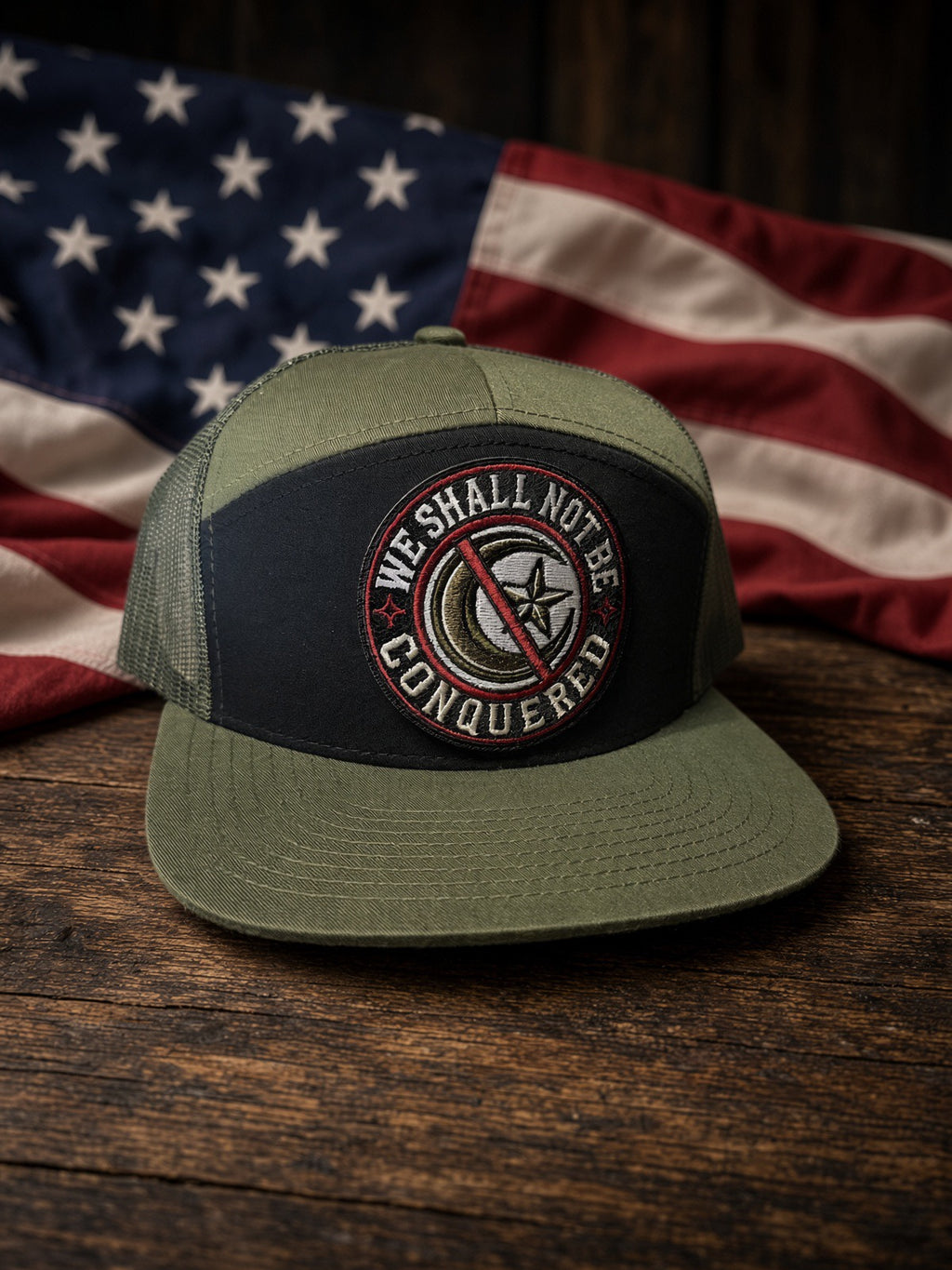 THE IRON WILL - black front/OD Green mesh back and brim -7Panel