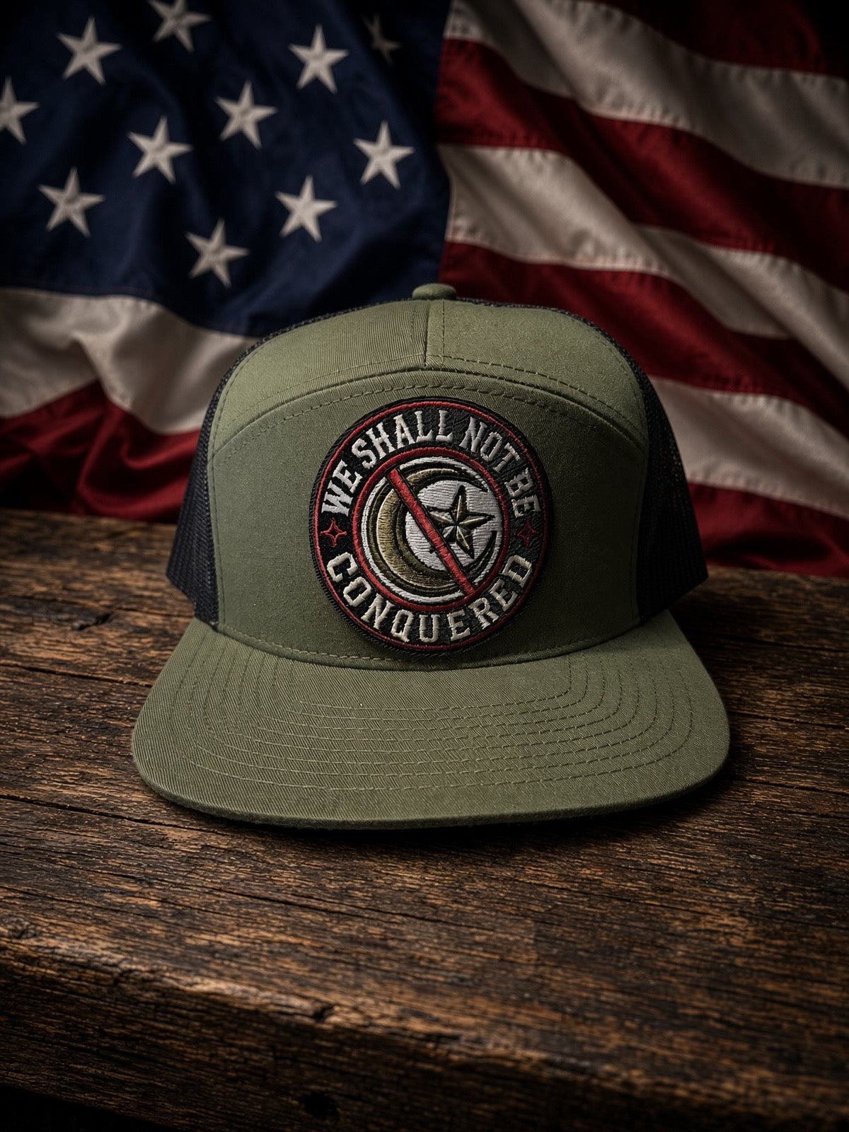 THE UNCONQUERED-OD green/black mesh back 7panel